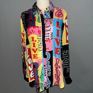 OO LALA Bright Color "Live Love Dream" Button Down Shirt Blouse Top -  Women's M